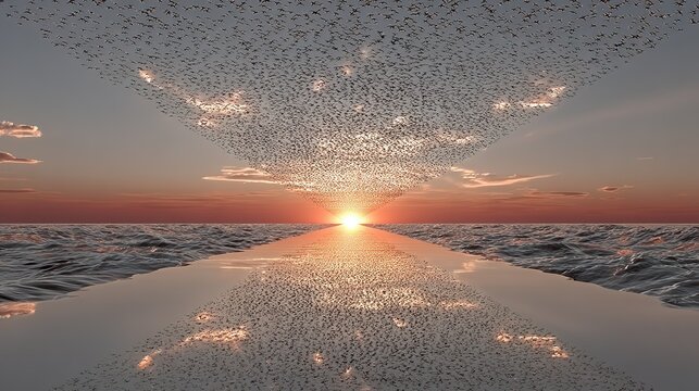 Surreal Coastal Sunset Scene: Massive Bird Murmuration Forming Glowing Path Over Rippling Ocean Horizon at Dusk