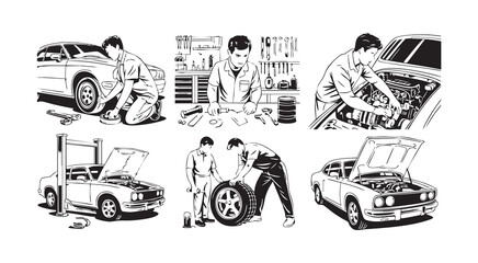 Obraz premium Detailed sketches of professional car mechanics working on vehicle maintenance in automotive garage