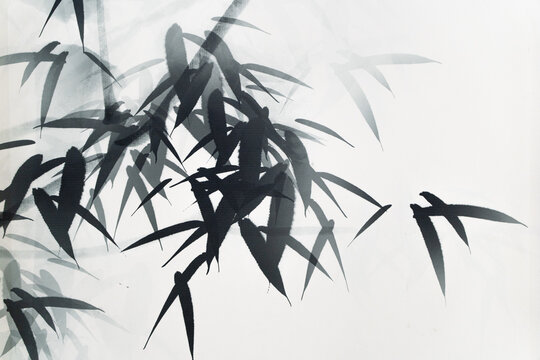 Bamboo stalks and leaves painted in sumi-e style