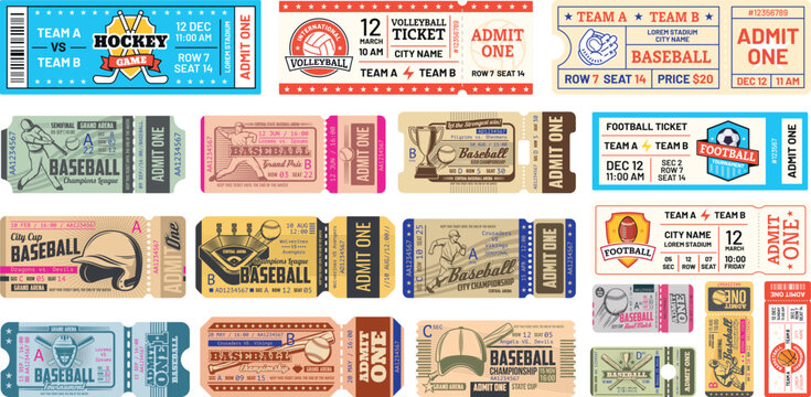 Baseball Game Ticket Template Set Vintage Sports Event Admission Pass Design Vector Collection