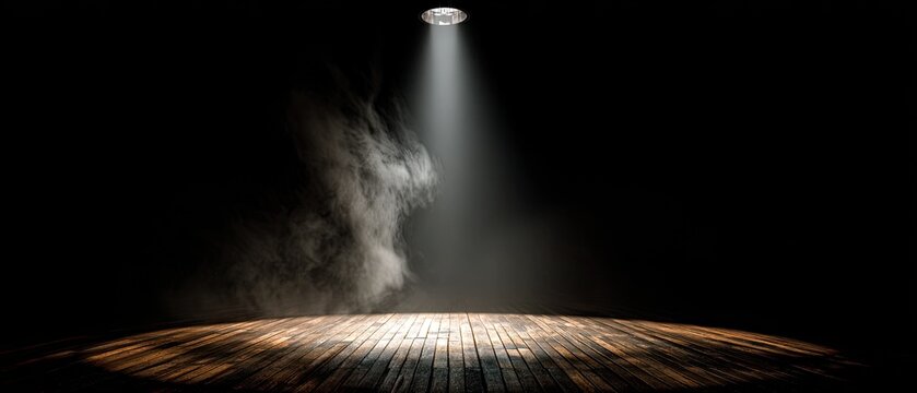 Spotlight illuminates a smoky wooden stage with dramatic lighting and shadows