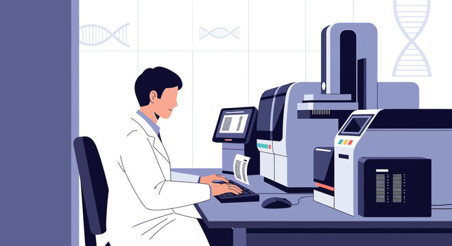 Scientist working with DNA sequencer and laboratory equipment in a modern lab