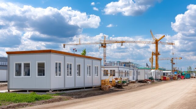 Construction Site with Temporary Buildings and Cranes Under Bright Blue Sky and Fluffy Clouds