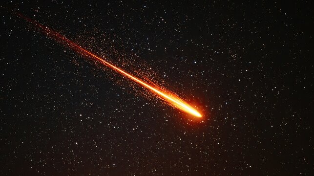 Fiery streak ignites dark night sky, scattering stardust among distant stars