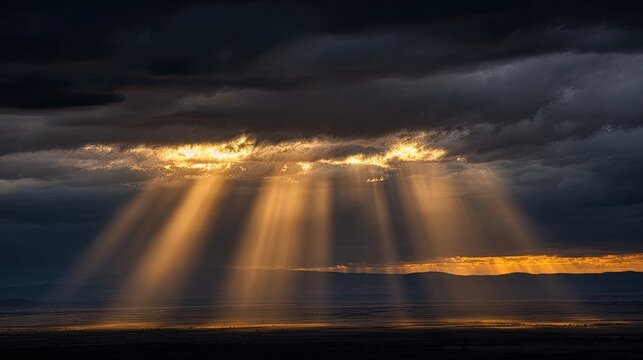 Dramatic sunbeams pierce dark, stormy clouds over a shadowed landscape