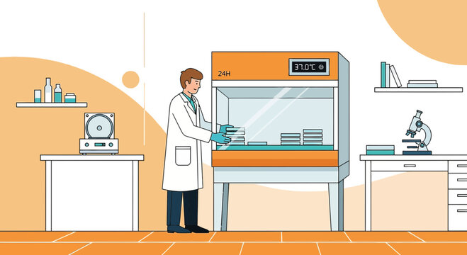 Scientist working in a sterile laboratory with a biosafety cabinet and microscope