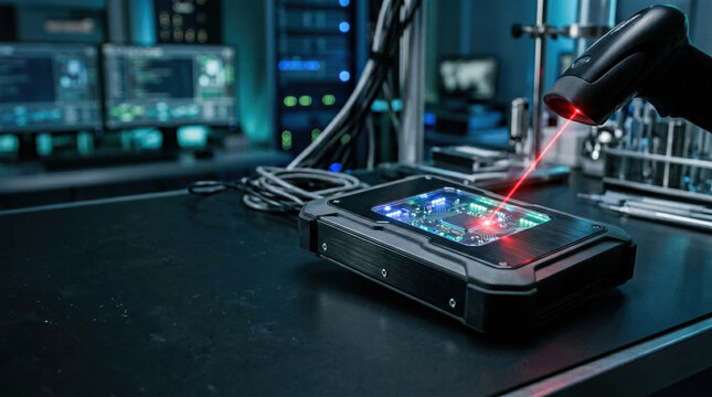 Medical technology lab device testing circuit board with laser scanner on electronics bench