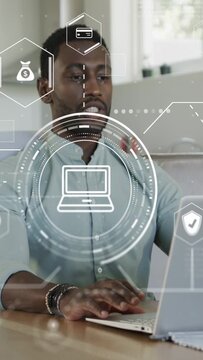 Vertical video: Man using pad, typing in kitchen, finance HUD appearing, checking accounts, smiling
