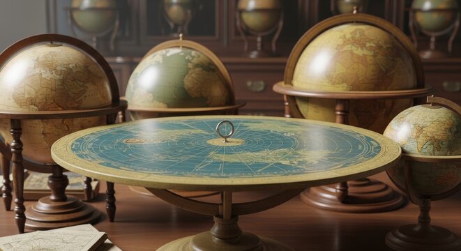 Collection of Antique Globes in a Study Setting