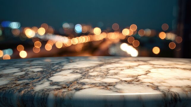 Blurred city lights at night reflected on a polished marble surface