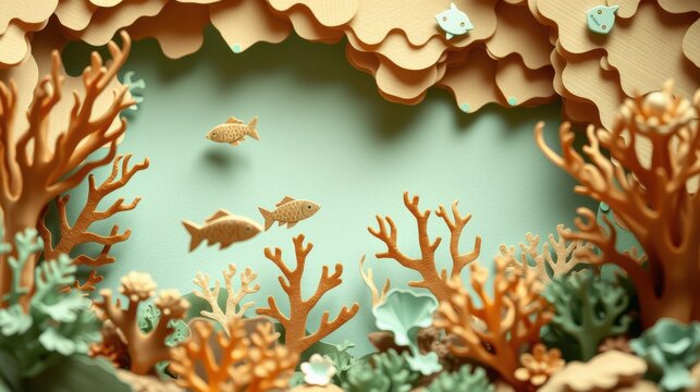 Papercraft scene depicts underwater life. Coral, fish swim within layered design. Soft colors create calm atmosphere.