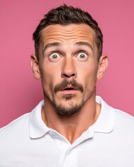 Obraz premium Male model with surprised expression wearing a white polo shirt against a vibrant pink background, showcasing a shocked facial reaction and engaging gaze