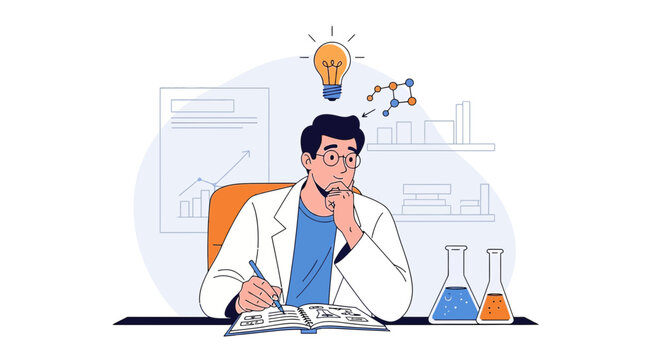 Scientist Thinking in Lab, Idea Bulb, Molecules, Flasks, Research, Innovation