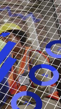 Vertical video: Construction worker using radio, AR grid and blue charts revealing badge for safety