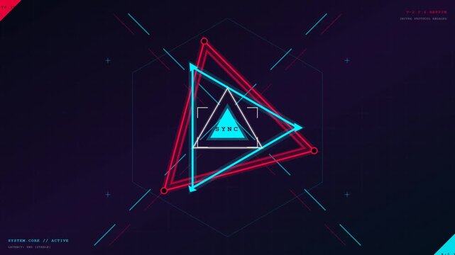 Abstract digital HUD interface with rotating triangle sync icon and red blue glitch effects for technology concept