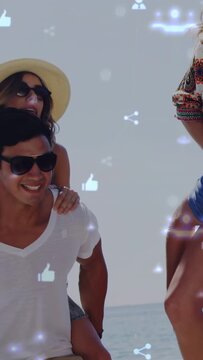 Vertical video: Man carrying woman piggyback after woman placing hands, icons overlaying for social