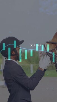 Vertical video: Rider gloving, fitting bit and checking fit for riding, with teal chart overlay