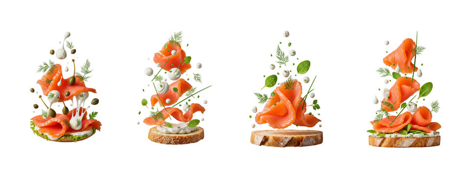 Fresh smoked salmon slices levitating with cream cheese and herbs on bread