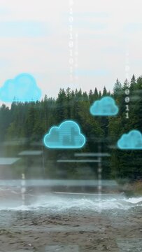 Vertical video: River and trees staying steady while overlay fading in clouds drifting showing data