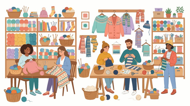 People knitting and crafting together in a cozy workshop.