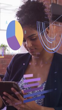 Vertical video: Business pro tapping tablet, reviewing data, causing pie or bar charts obscuring fac