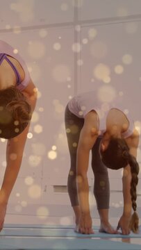Vertical video: Braided yogi hinging to toes holding stretch rising on yoga cue gold bokeh over duo