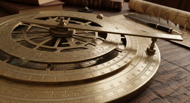Detailed closeup of an antique brass astrolabe