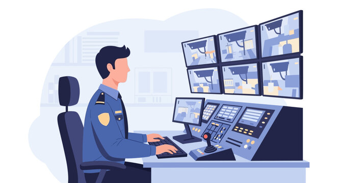 Security guard monitoring surveillance cameras on multiple screens.