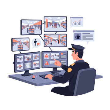 Security Guard Monitoring Multiple Surveillance Screens.