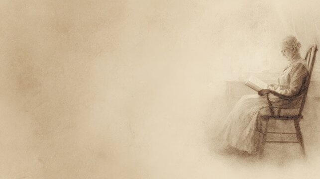 Sepia tone illustration of a woman reading in a chair near a window