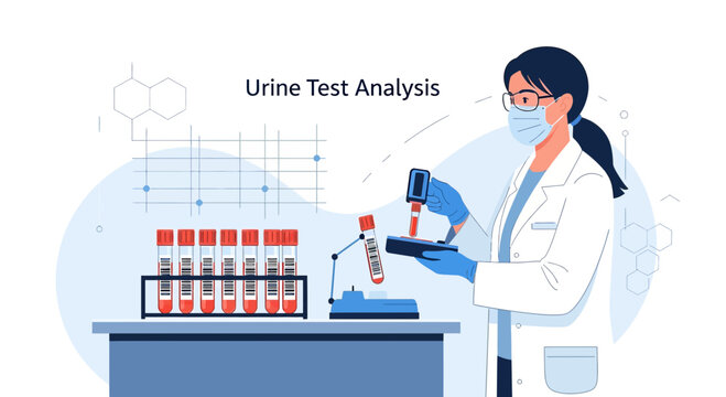 Scientist Performing Urine Test Analysis in Laboratory with Test Tubes and Microscope