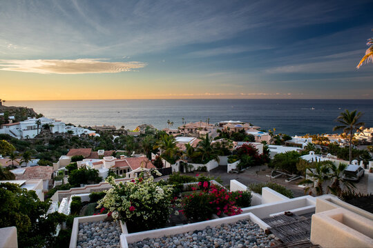 Coastal hillside villas, gardens overlooking ocean at sunset in Cabo