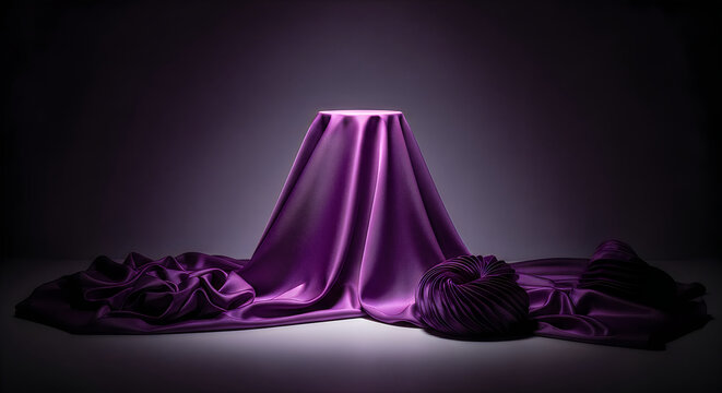 Purple satin fabric draped over a stand with folds and shine