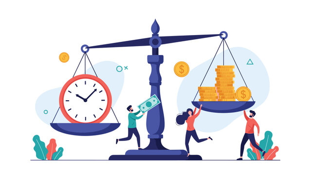 Group of people balancing a large scale with a clock on one side and stacks of gold coins on the other representing time and money.