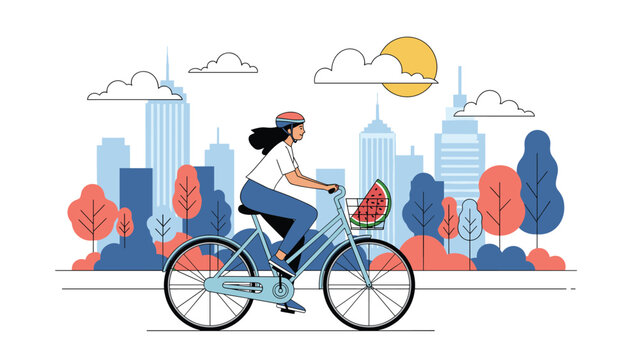 Young woman riding a blue bicycle with a slice of watermelon in the front basket against a colorful city park landscape background.