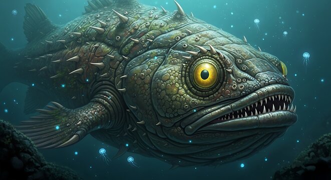 Deep Sea Monster Fish with Sharp Teeth and Glowing Eyes.
