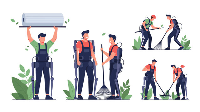 Modern workers wearing powered robotic exoskeletons to assist with heavy lifting and manual labor tasks in a garden or landscaping setting.