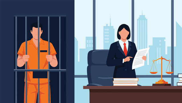 Legal professional presenting evidence in a courtroom or office while a prisoner in an orange jumpsuit stands behind bars in the background.