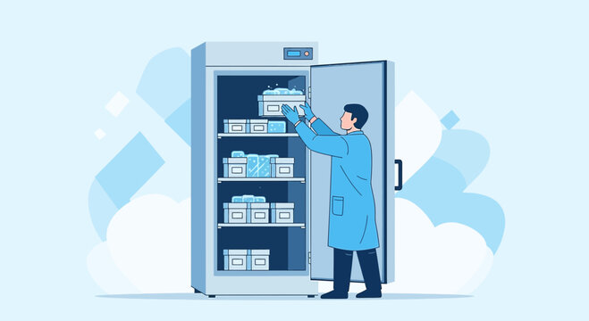 Scientist Organizes Samples in Freezer for Medical Research and Laboratory Analysis