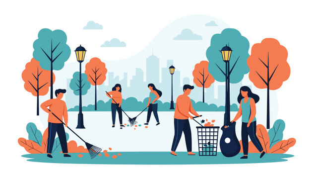 Diverse group of volunteers cleaning up a city park by raking fallen autumn leaves and putting trash into bags and bins on a sunny day.