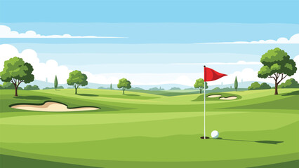 Obraz premium Scenic view of a green golf course with sand bunkers, trees, and a red flag in the hole under a clear blue sky with white fluffy clouds.