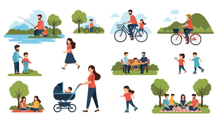 Fototapeta premium Collection of scenes showing diverse people enjoying various recreational activities in a public park during a sunny day.