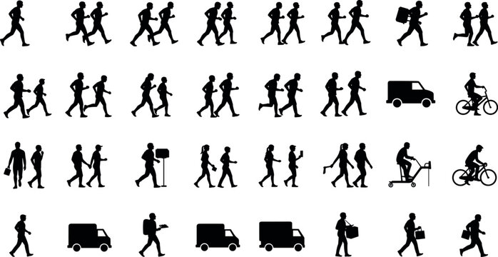 Black silhouettes of people walking, running, cycling, delivering packages, and driving vans arranged in rows, illustrating diverse urban motion and logistics design