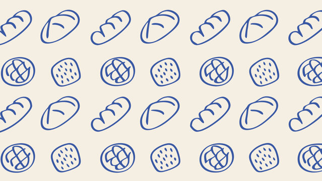 Seamless vector pattern of assorted pastries and bread bakery icons flat design blue and white illustration food background texture baking culinary cuisine dough crust baguette