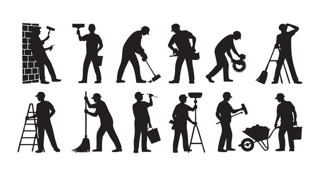 Silhouette set of construction workers performing diverse building tasks against white background