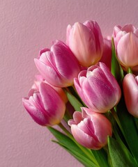 Fototapeta premium Pink tulips with soft petals arranged in a bouquet against a light pink background, showcasing their vibrant colors and fresh appearance