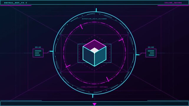 Futuristic digital HUD interface featuring a rotating 3D cube for neural network monitoring and data analysis in a sci-fi environment.