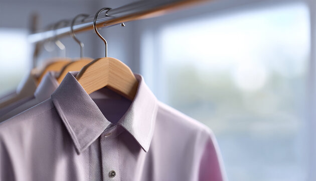 Multi-colored men's shirts on hangers in a store or home. Businessman wears classic blouses at home on hangers. Business formal wear