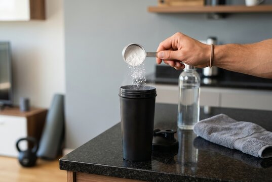 Creatine Monohydrate Powder Being Scooped into Shaker Bottle in Modern Kitchen