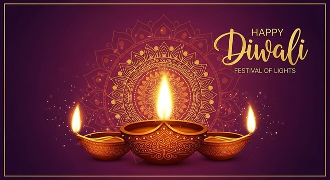 Happy Diwali Festival of Lights Greeting Card with Burning Oil Lamps and Mandala Art